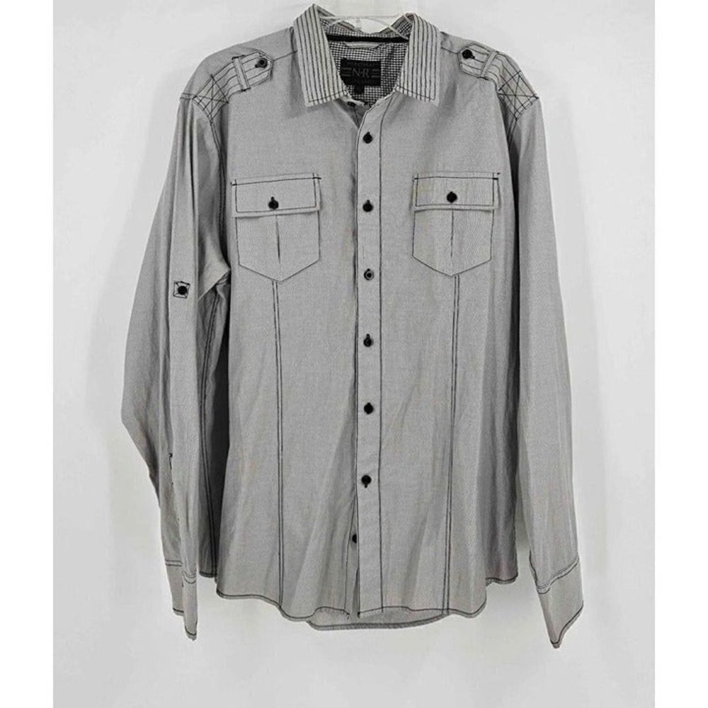 No Retreat NR Black Label Mens Gray Black Pinstripe Button Up Collared Shirt XL